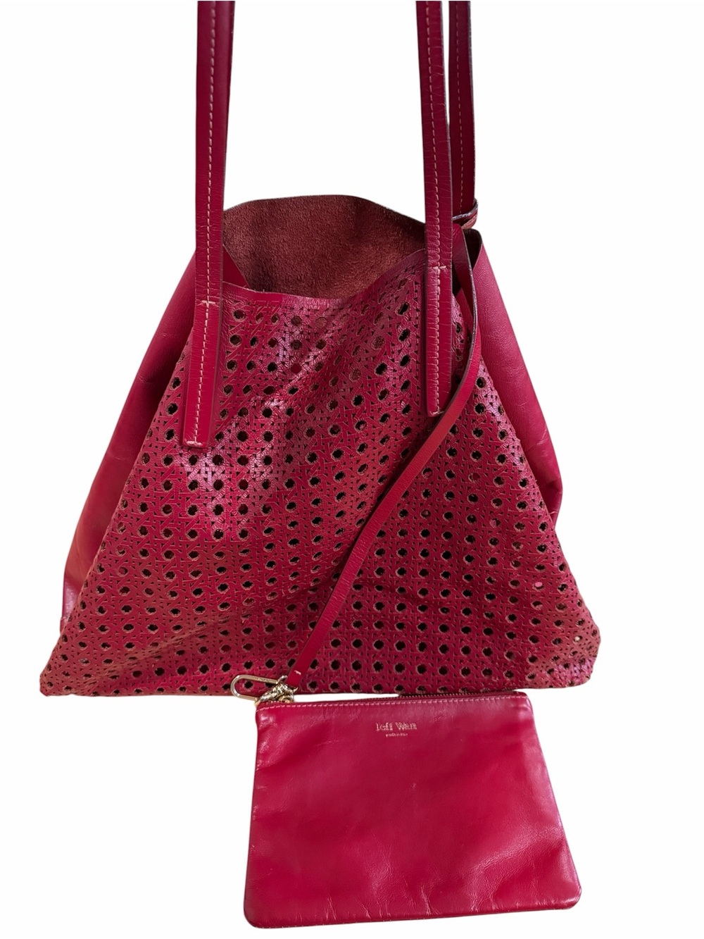 Jeff Wan Red Perforated Leather Tote with Wrist Pouch